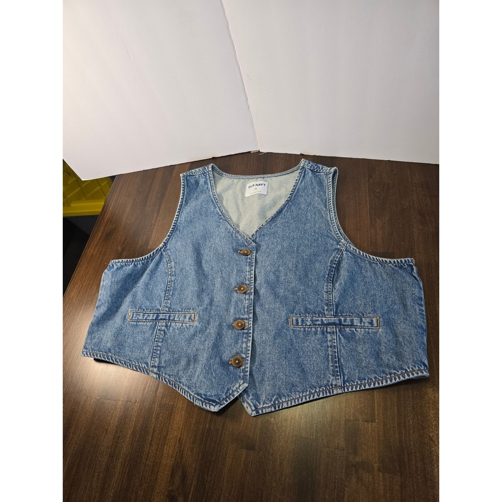 Old Navy Womens XXL Denim Vest Medium Wash Blue Cotton V-Neck Button Front